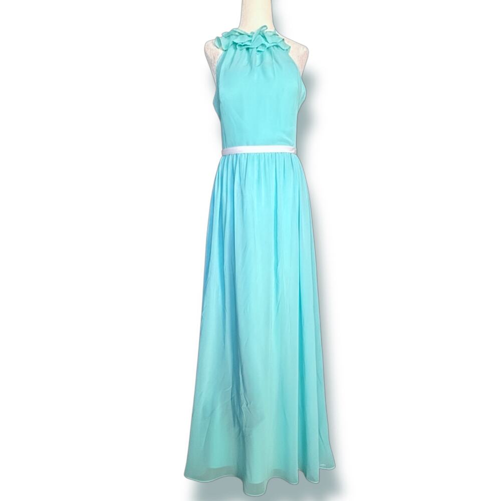 Alfred Angelo Aqua Chiffon Halter Prom Maxi Dress Formal Etheral Flowy Spring